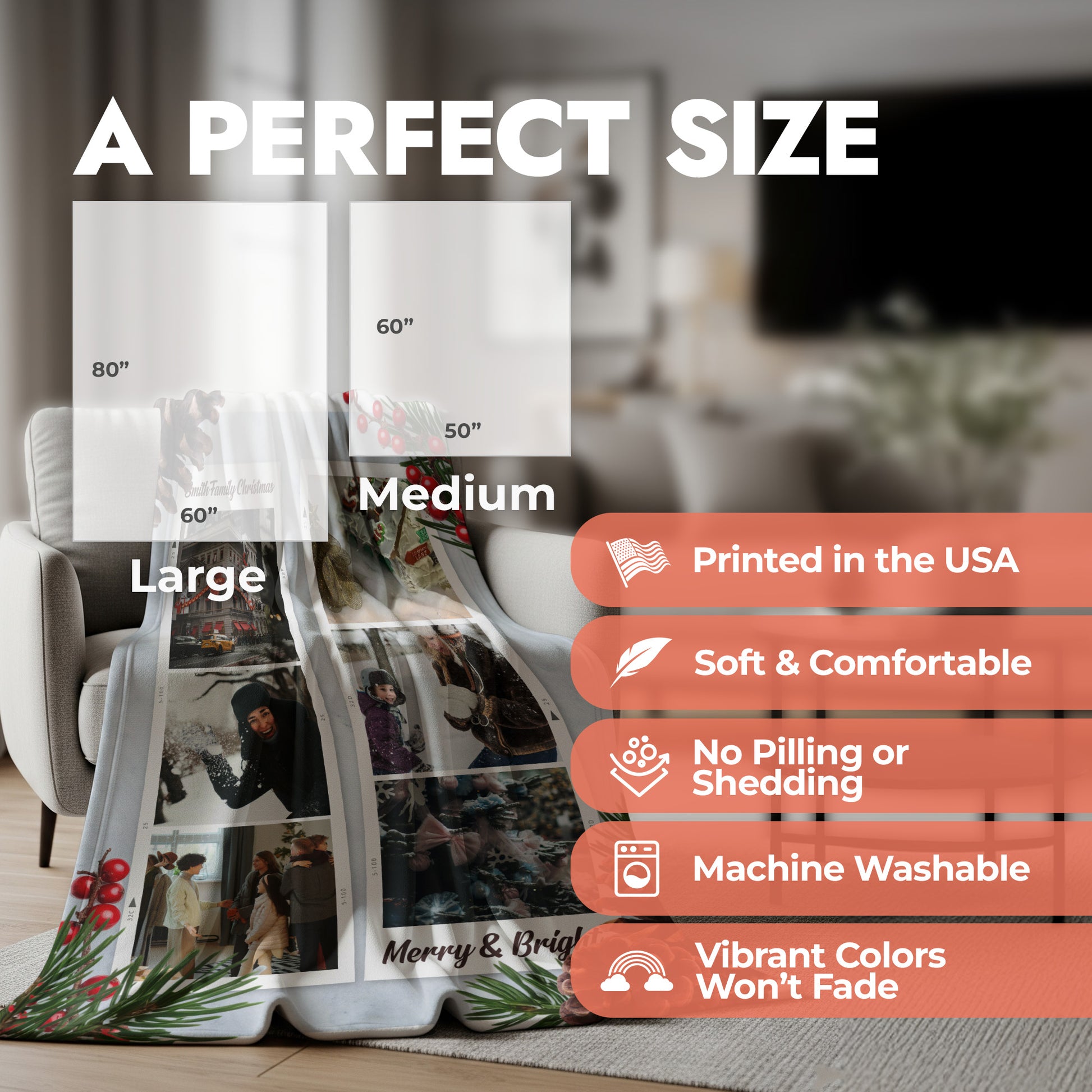 Blanket with size chart and product features displayed in a living room setting