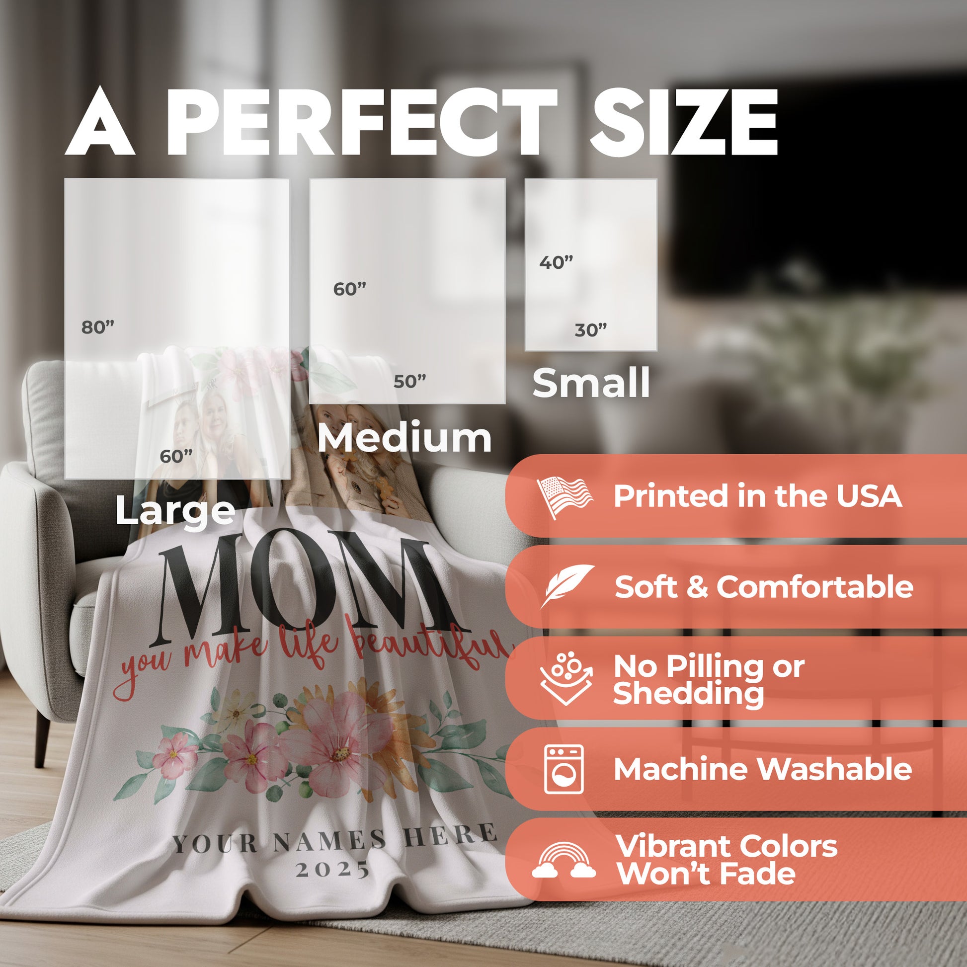 Product size chart for Mother's Day themed 2 photo collage blanket with product features list.