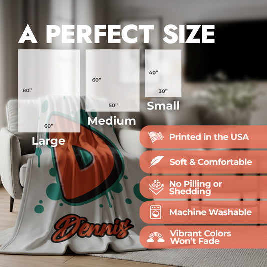 Product size chart displaying different size blankets with a model blanket spread across an accent chair in a living room setting.