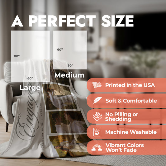 Blanket with size chart and product features displayed on an accent chair in a living room.