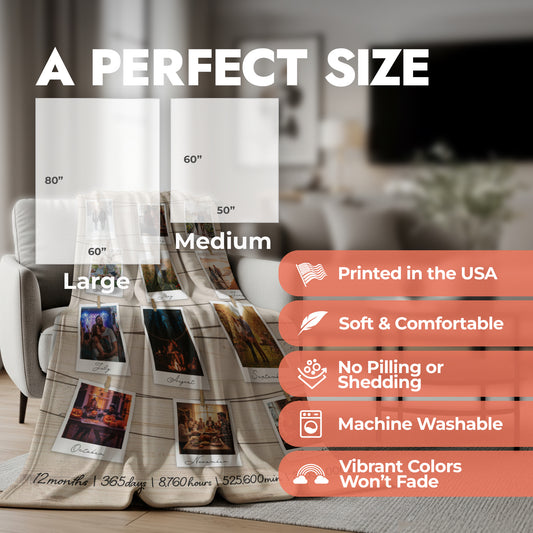 Blanket spread across an accent chair in a living room setting with size chart and feature list.