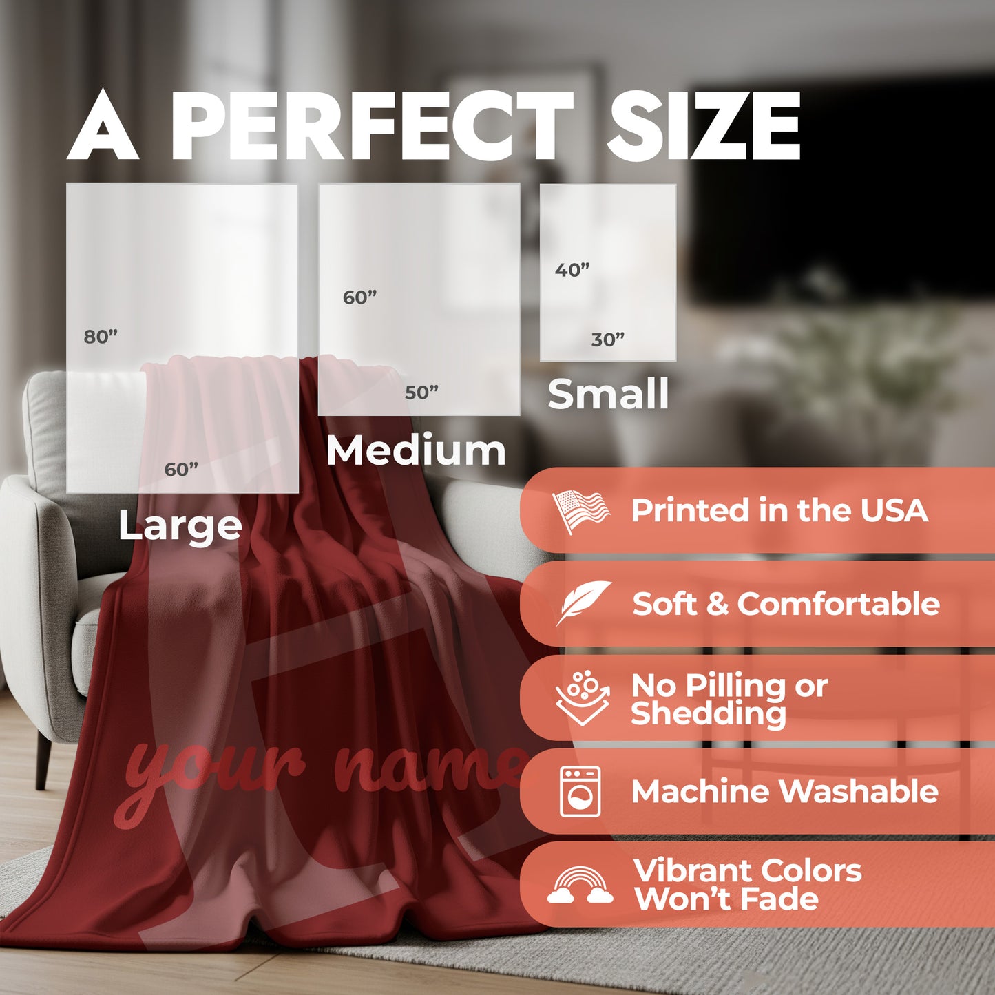 Red blanket draped over a chair with size chart and product features displayed.