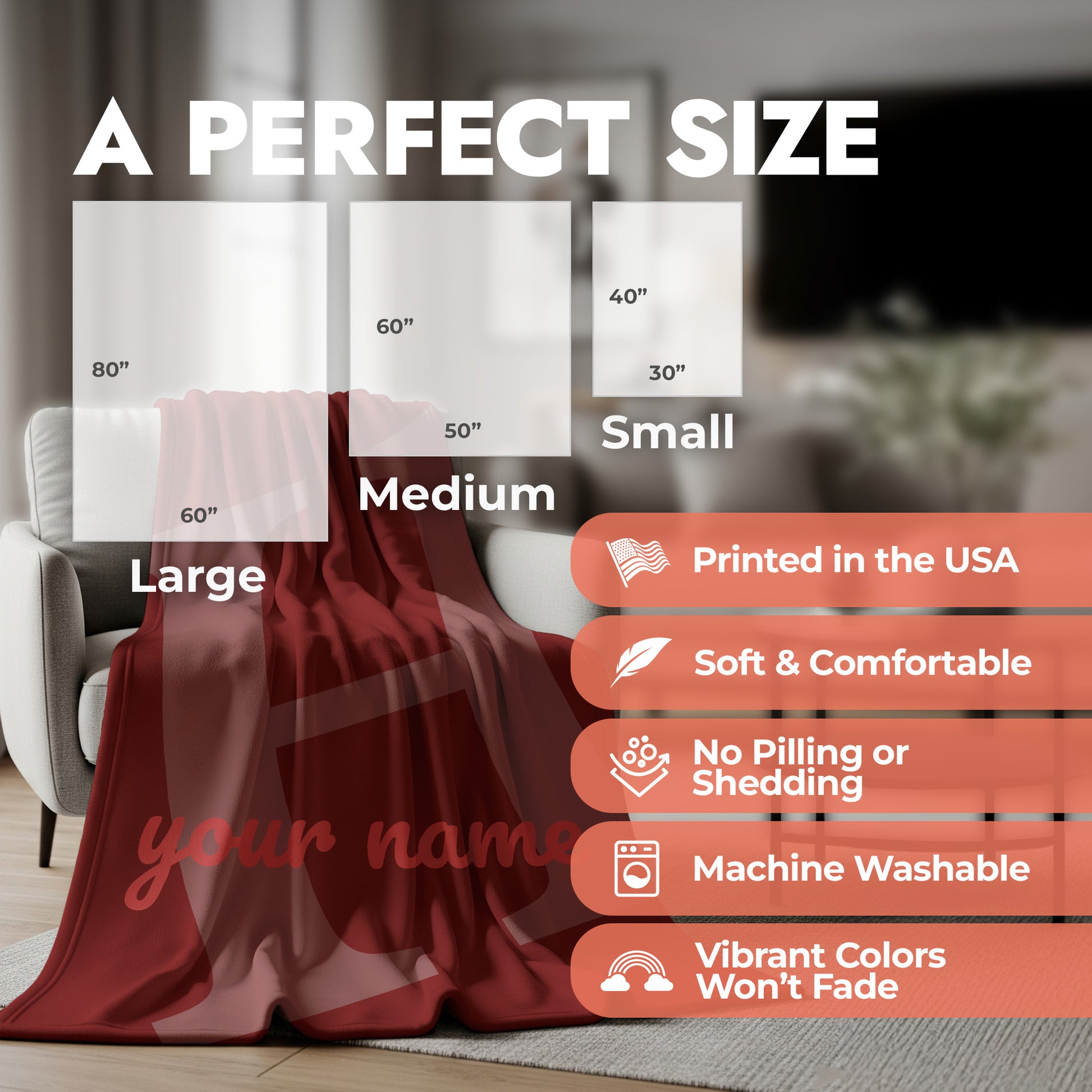 Red blanket draped over a chair with size chart and product features displayed.