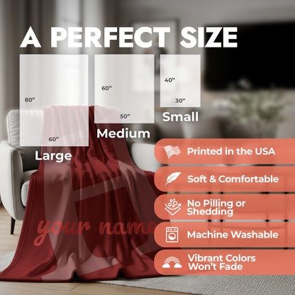 Red blanket draped over a chair with size chart and product features displayed.