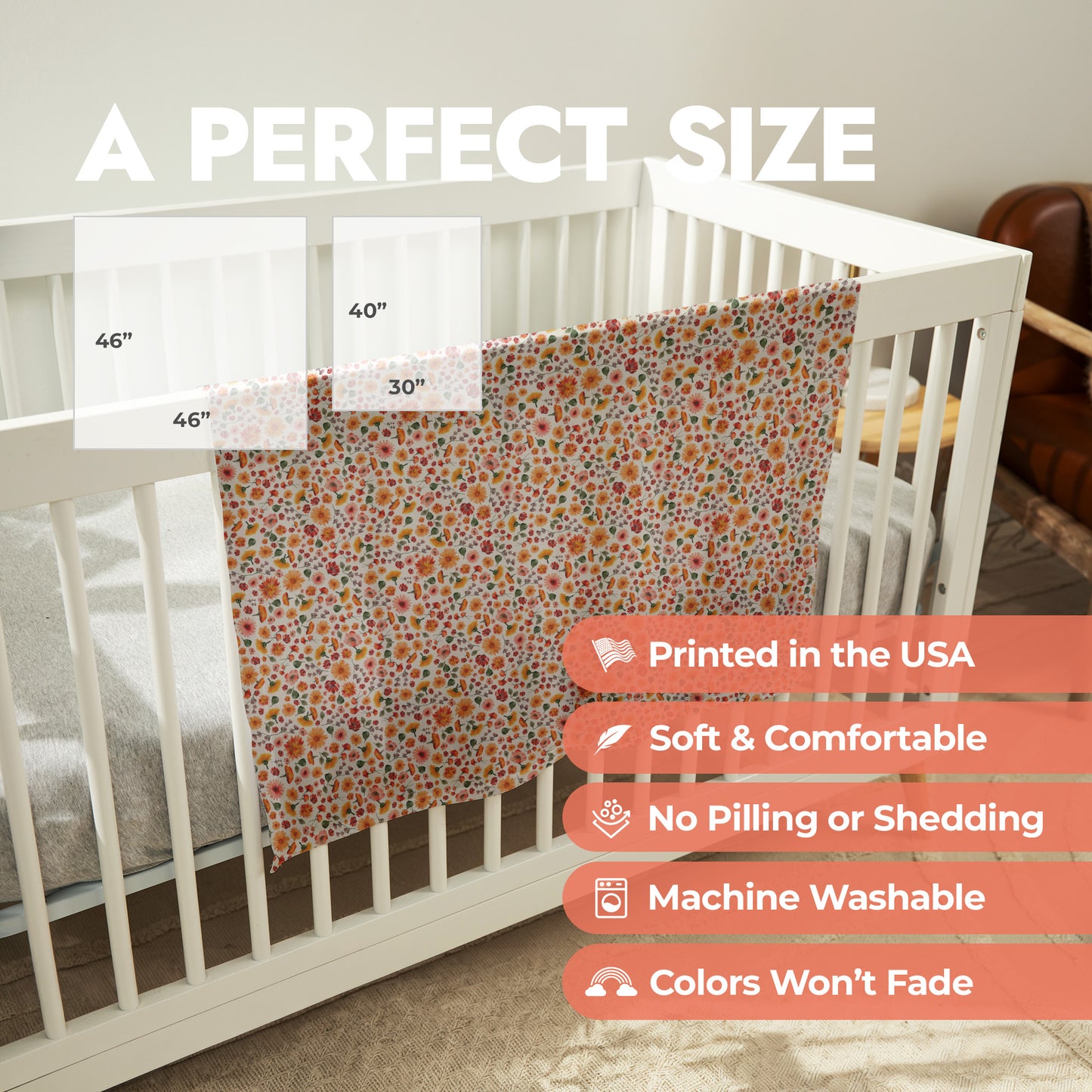 Printed floral pattern baby swaddle draped over crib with product size chart and product features list.