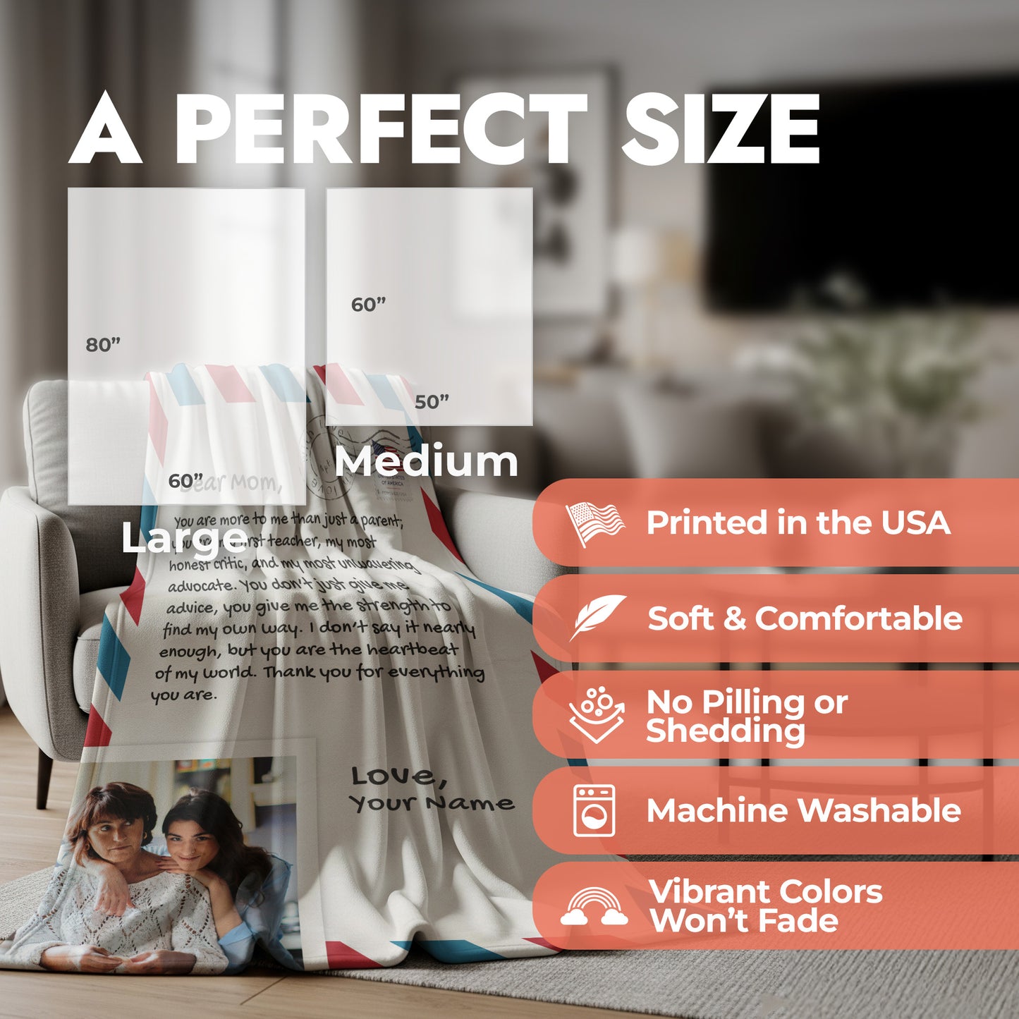 Personalized postcard blanket showing size chart with product features list.