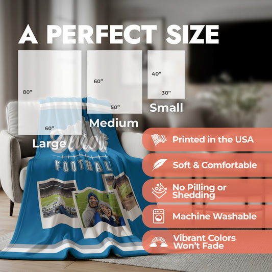 Personalized football city collage photo fleece blanket with product size chart and product features list.