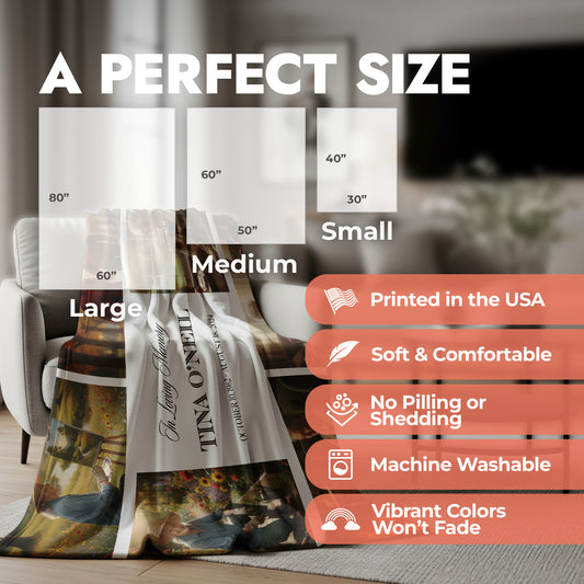 Personalized photo blanket spread across an accent chair with product size chart and product feature list.