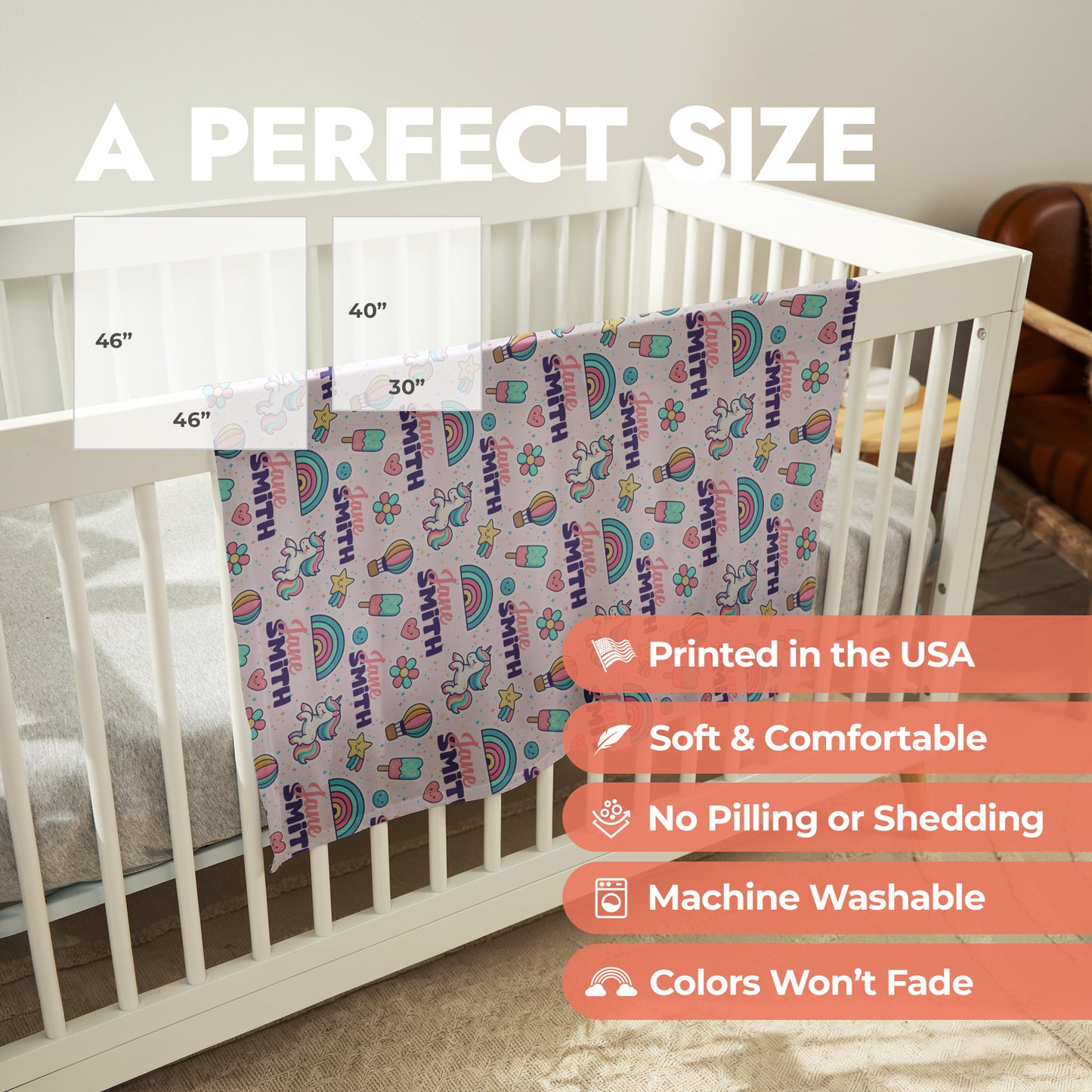Rainbows and unicorn personalized baby swaddle with product size chart and product features list.