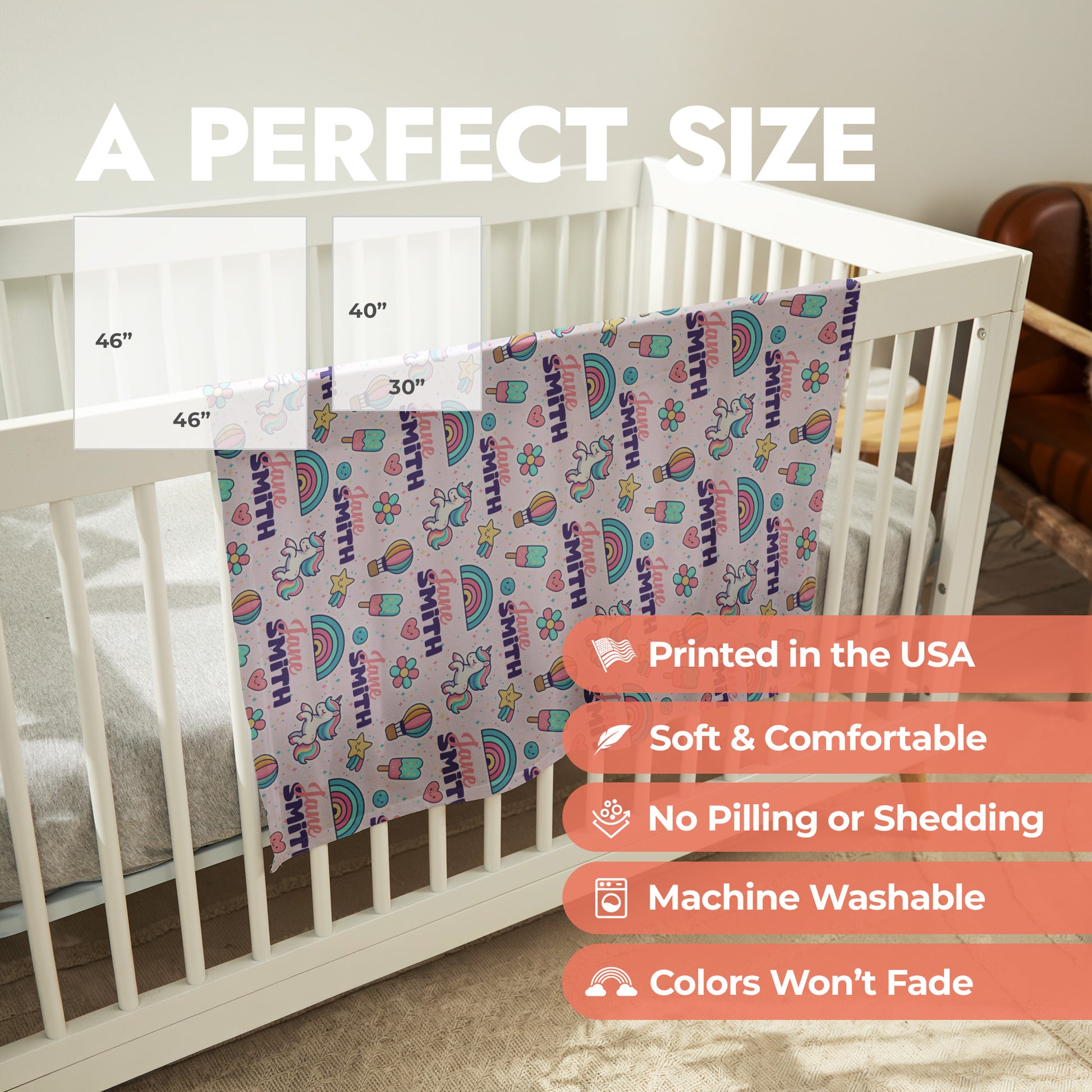 Rainbows and unicorn personalized baby swaddle with product size chart and product features list.