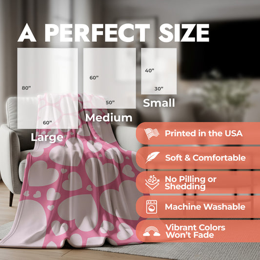 Pink and white heart patterned blanket with size chart and product features.