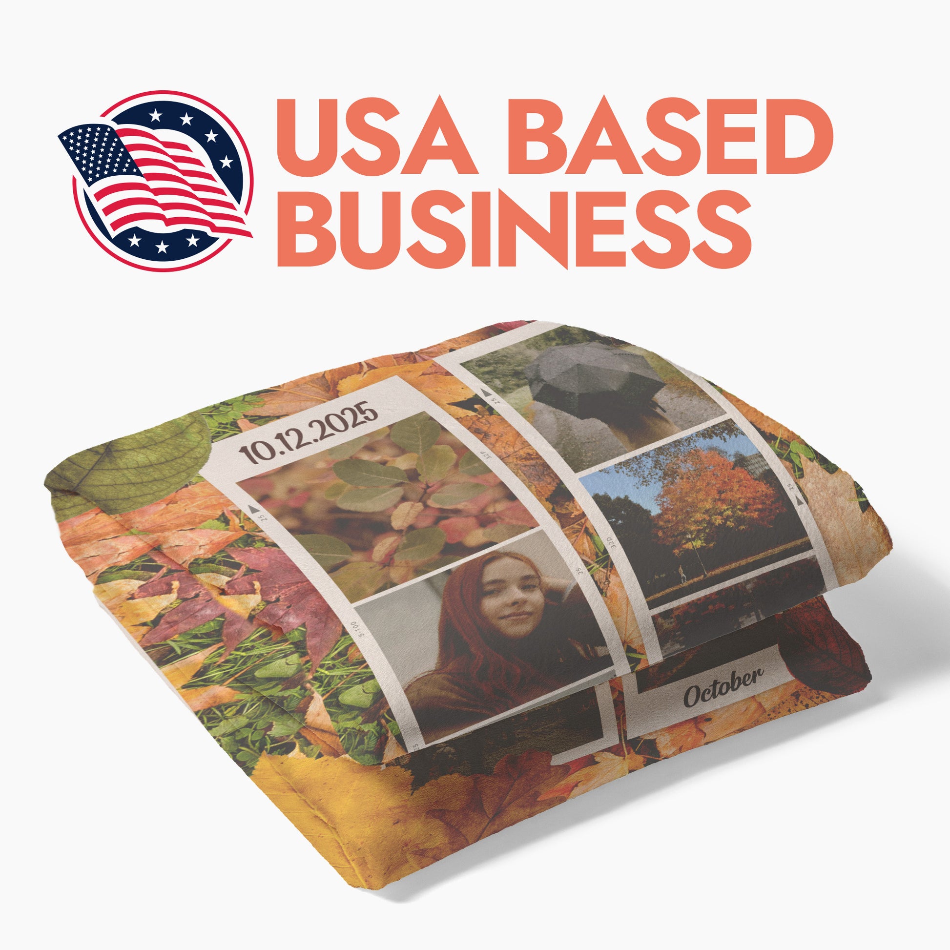 Decorative pillow with autumn-themed design and 'USA Based Business' text.