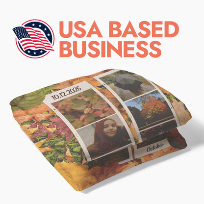 Decorative pillow with autumn-themed design and 'USA Based Business' text.