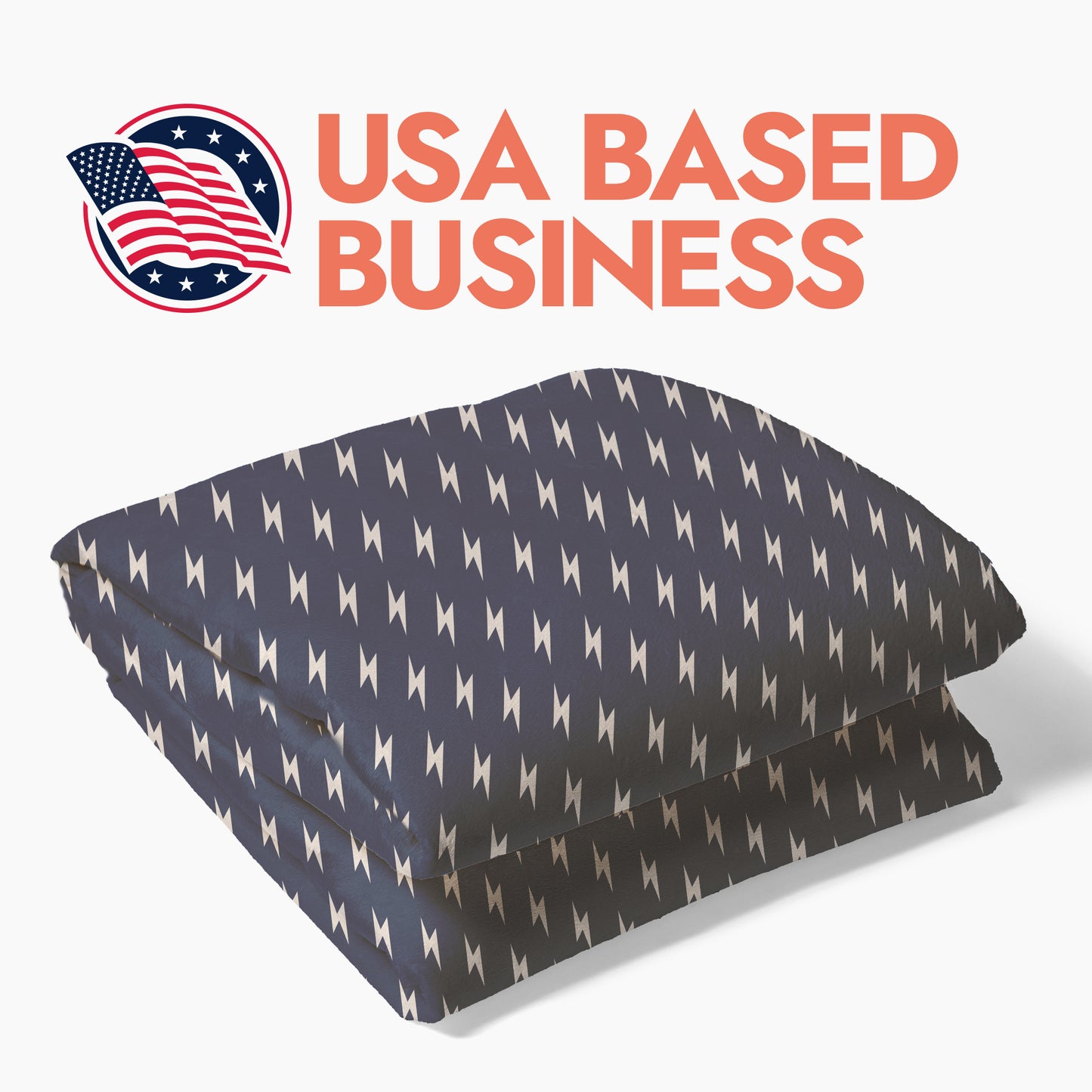 Folded lightning bolt blanket with header text "USA Based Business"