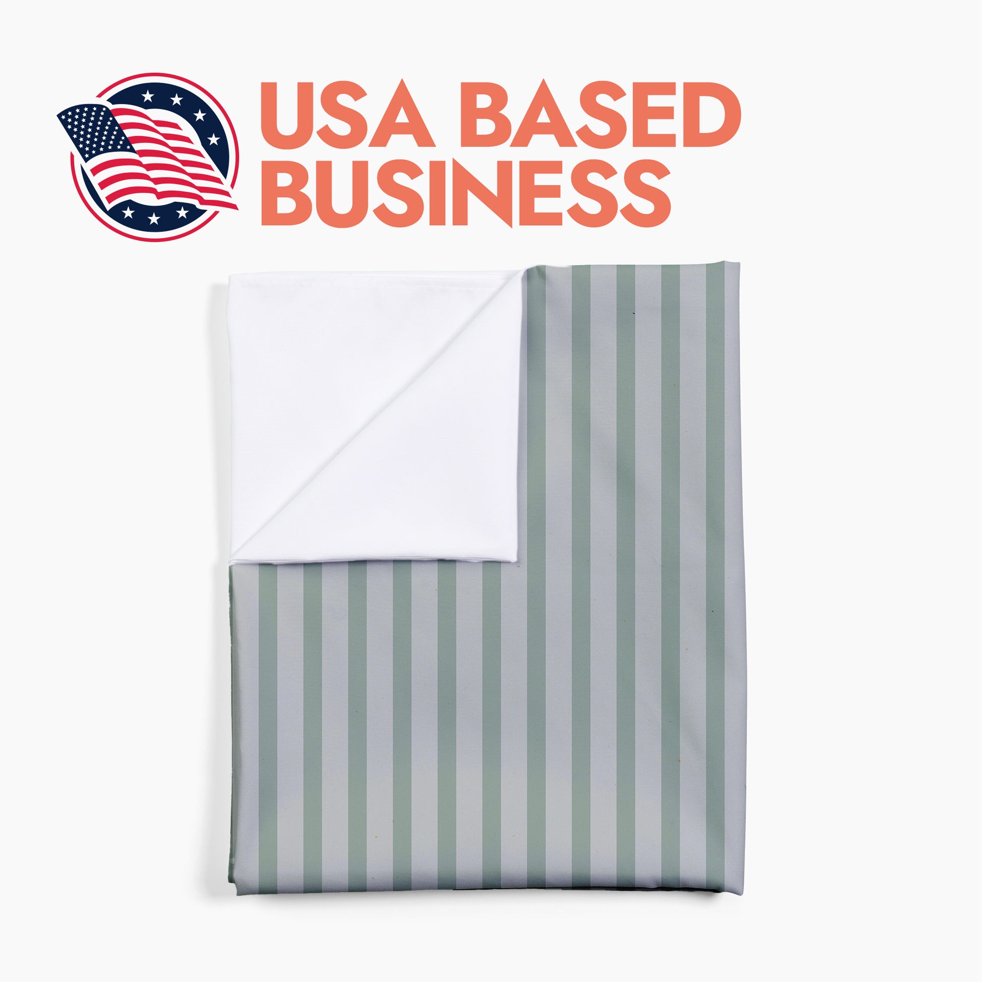 Green and grey striped baby swaddle folded with header text 'USA Based Business'