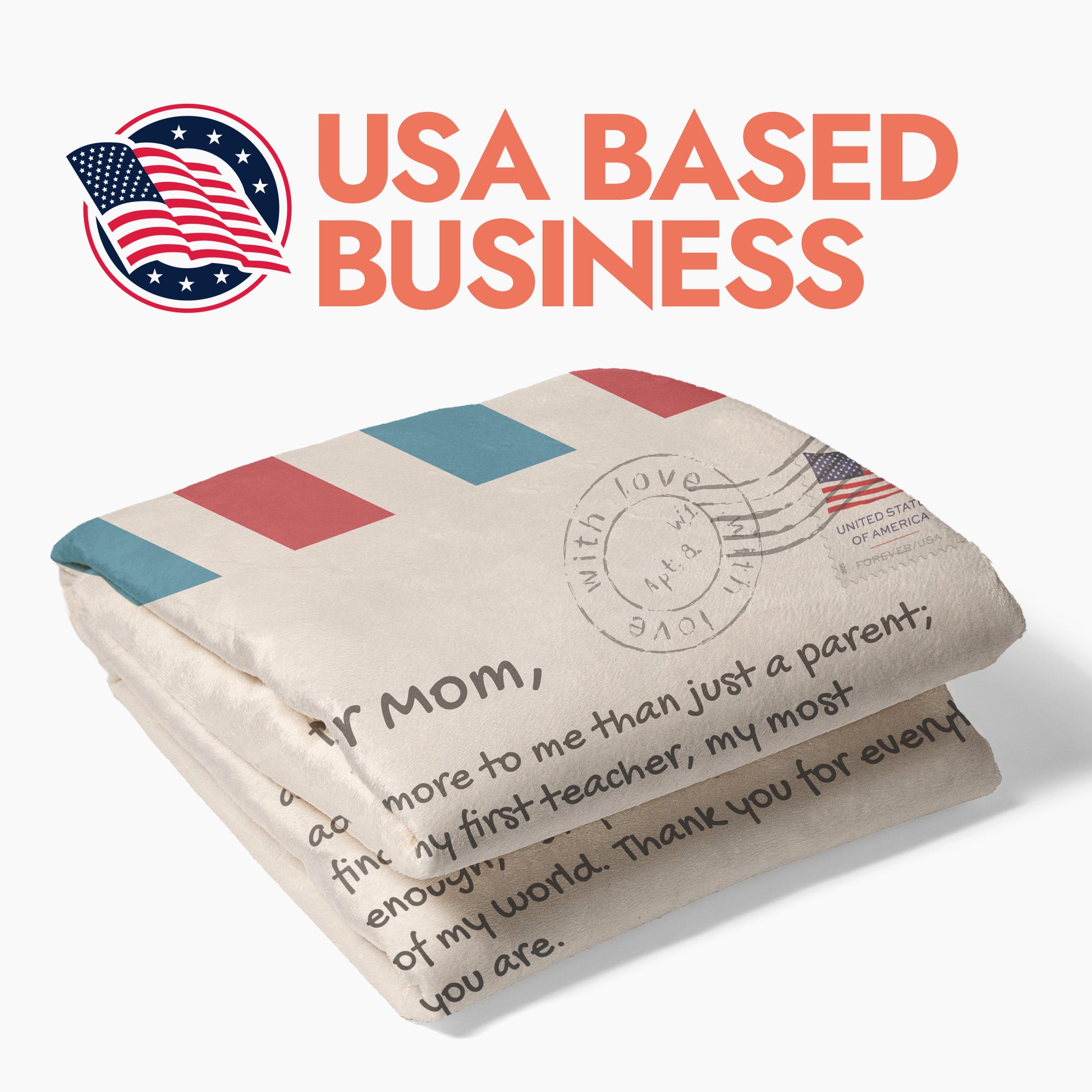 Folded personalized postcard theme blanket with heading text 'USA Based Business'.