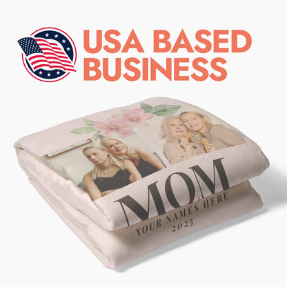 Custom 2 photo Mother's Day themed fleece blanket that is folded with heading text 'USA Based Business'.