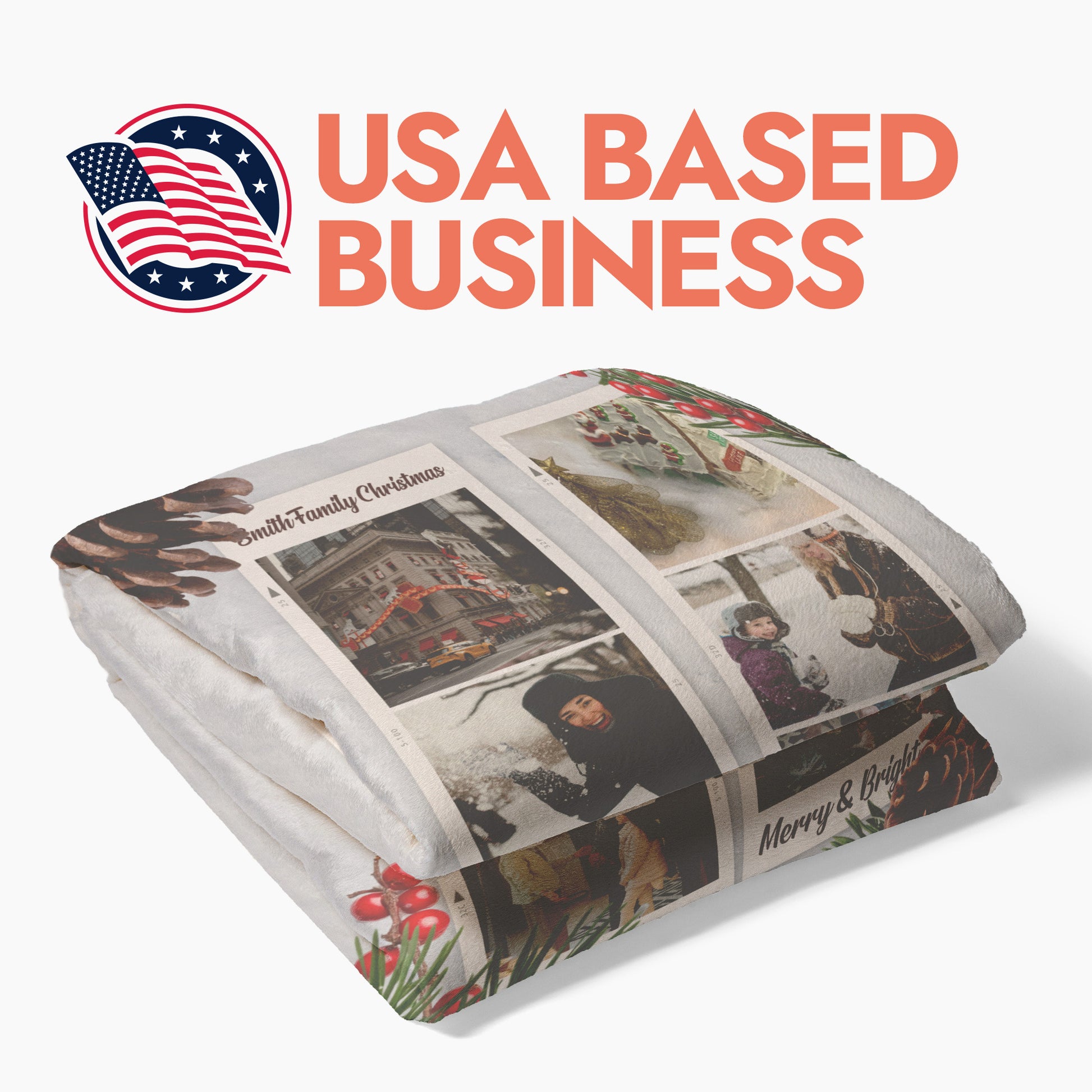 Personalized photo blanket with Christmas-themed images and text, featuring an American flag logo and 'USA Based Business' text.