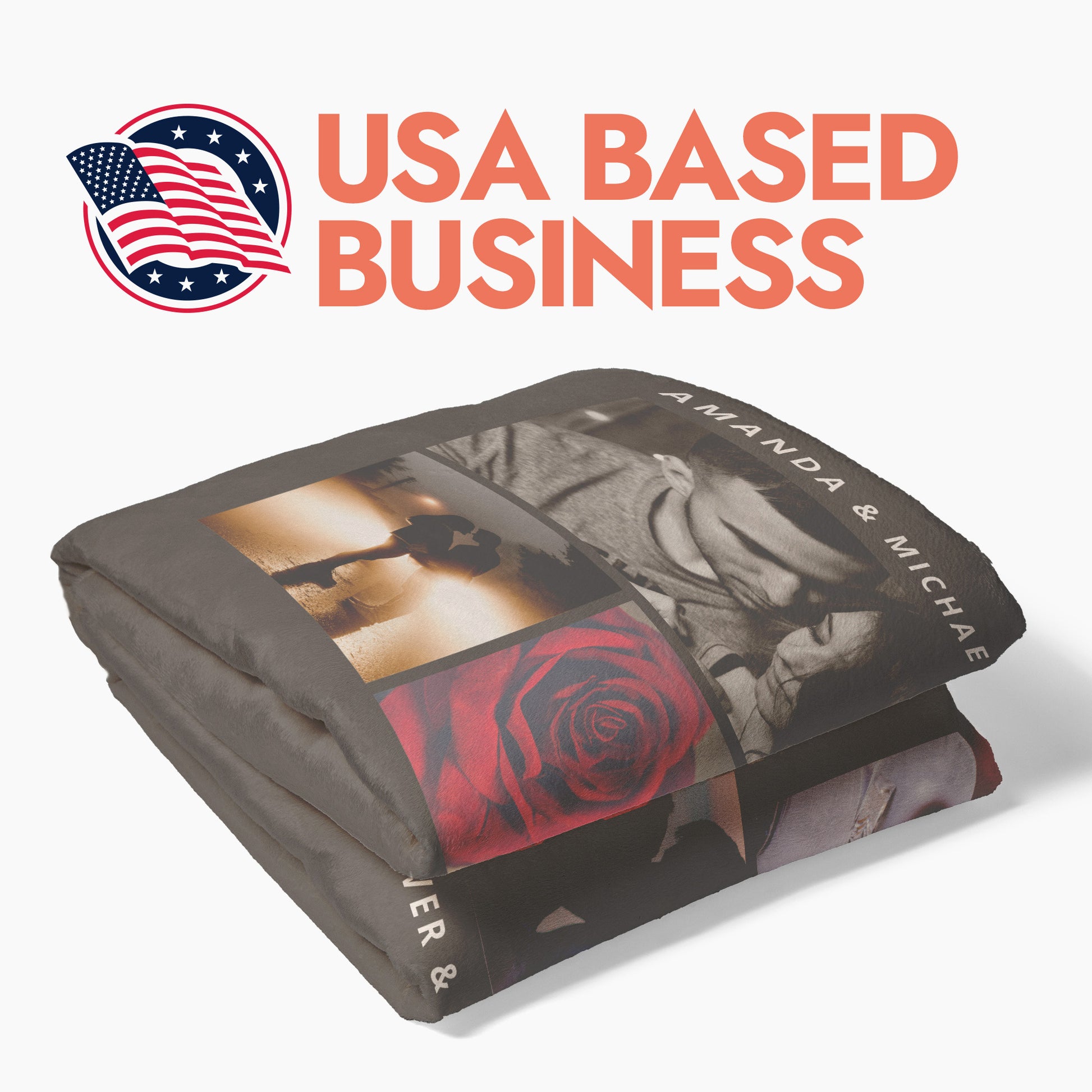 Folded blanket with artistic designs and text with heading 'USA Based Business' text.