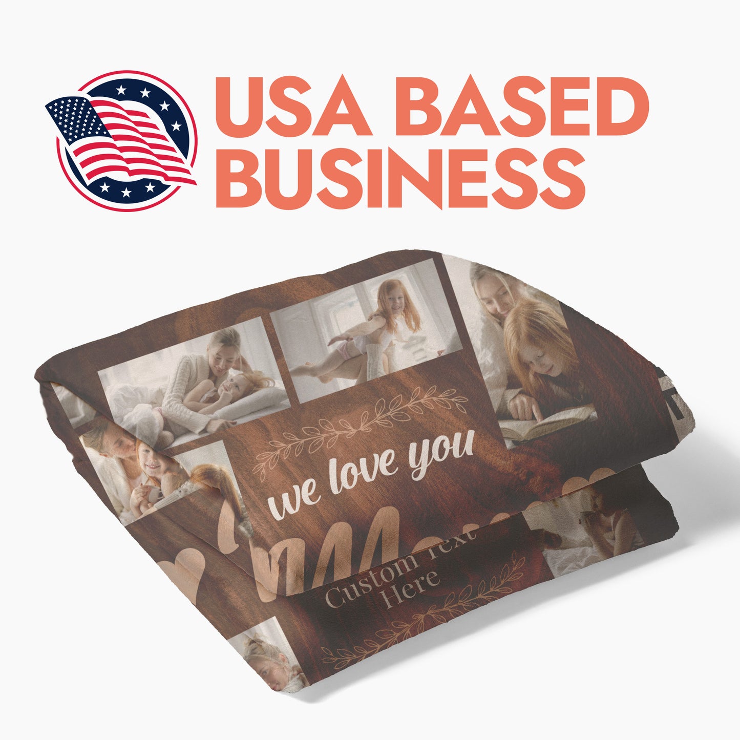 Folded personalized photo blanket for Mom's with header text 'USA Based Business'.