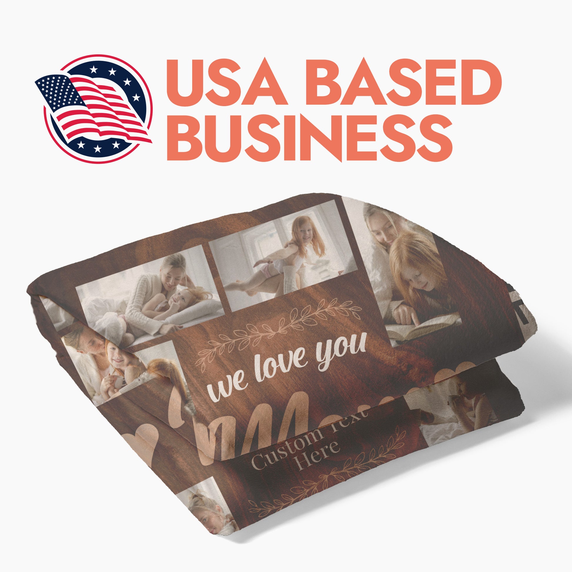 Folded personalized photo blanket for Mom's with header text 'USA Based Business'.