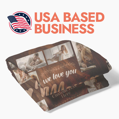 Folded personalized photo blanket for Mom's with header text 'USA Based Business'.