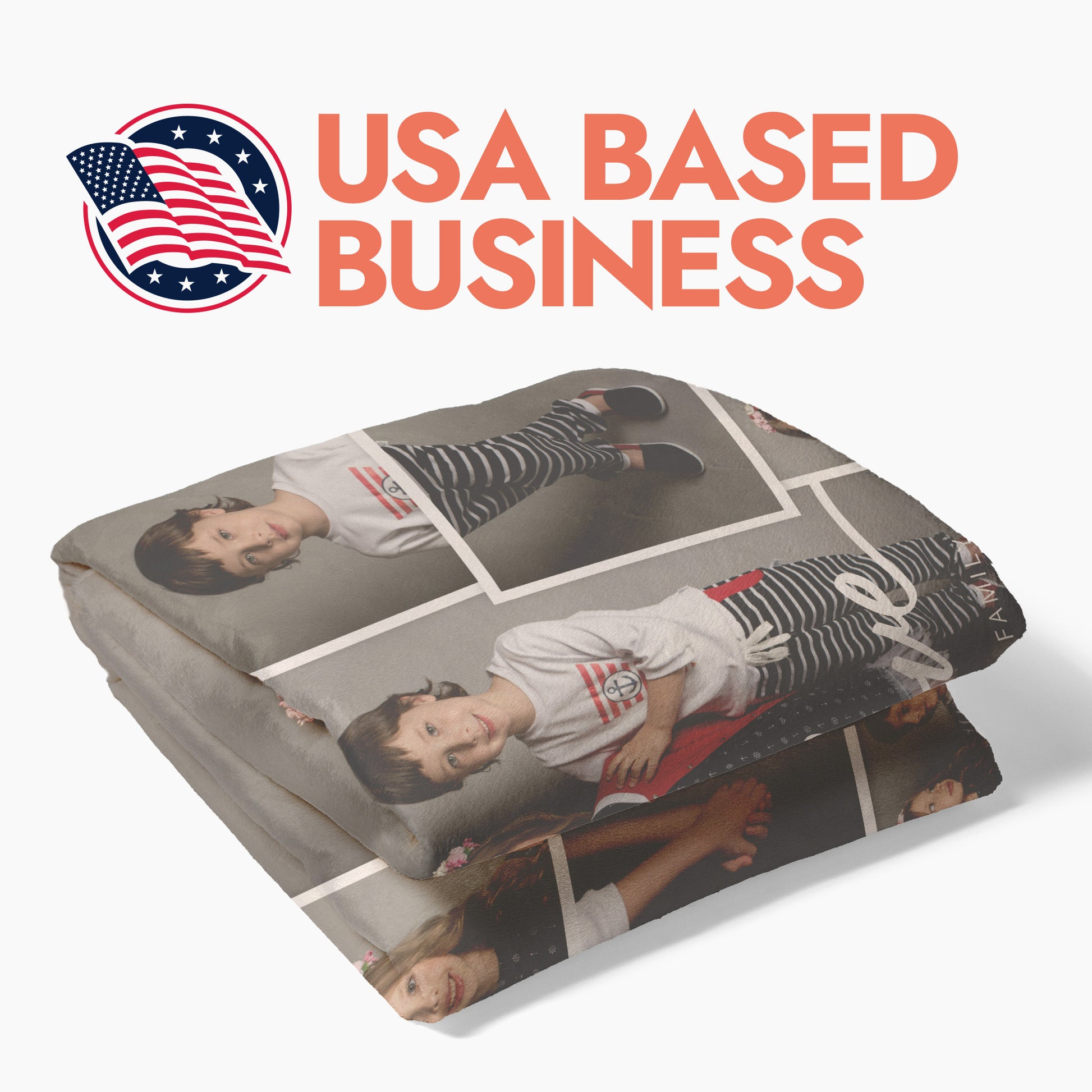 Folded blanket with heading text 'USA Based business'