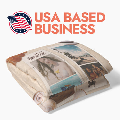 Folded blanket with images and text, branded as a USA-based business.