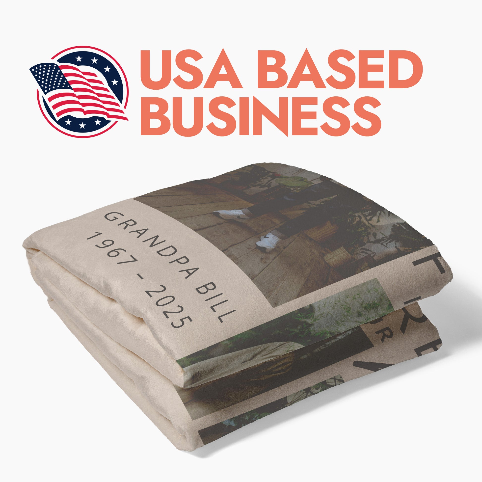 Folded blanket with heading text 'USA Based Business'