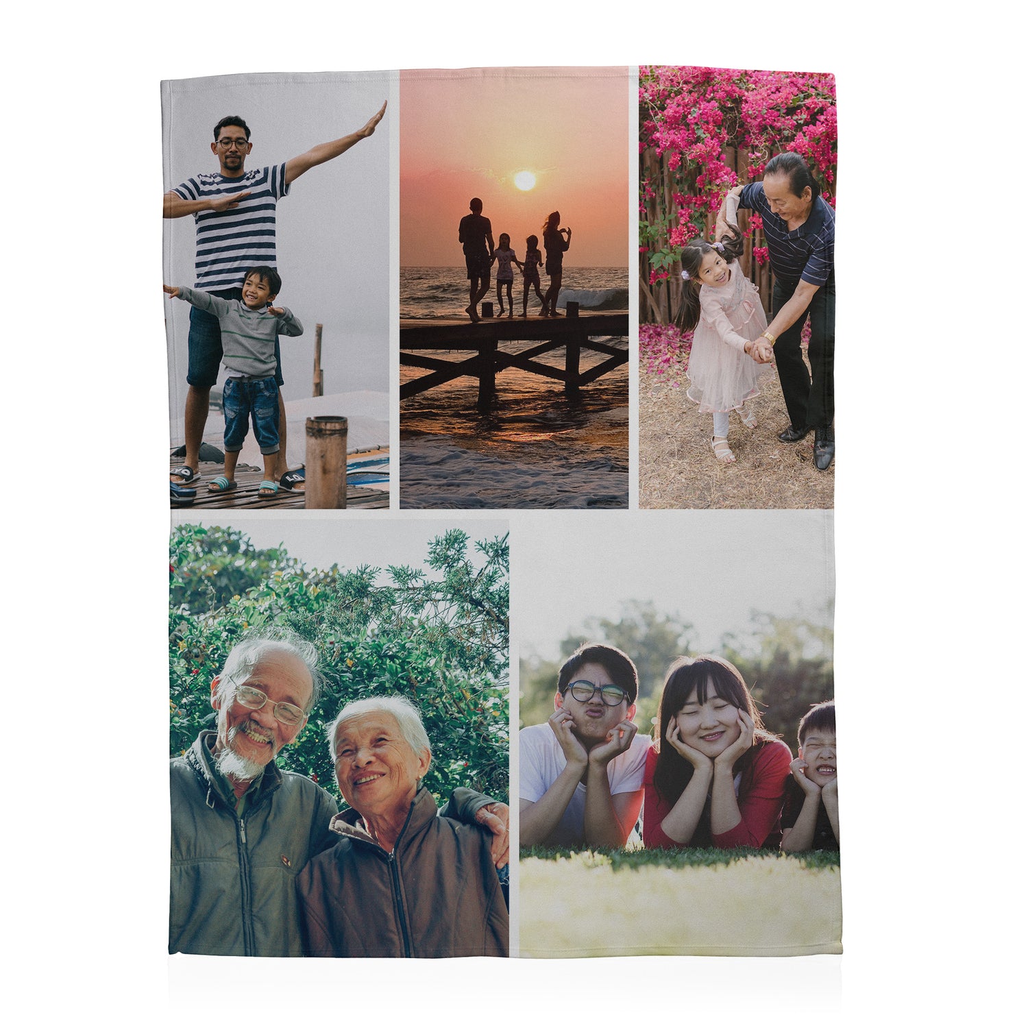 5 photo Collage blanket of various family photos on a white background