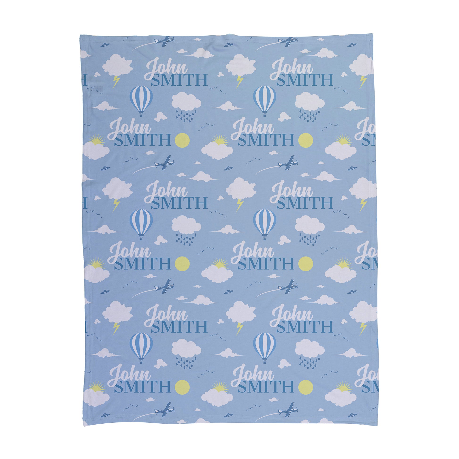 Sky themed printed baby swaddle with clouds, rain, sunshine and overcast.