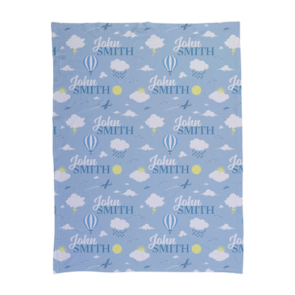 Sky themed printed baby swaddle with clouds, rain, sunshine and overcast.