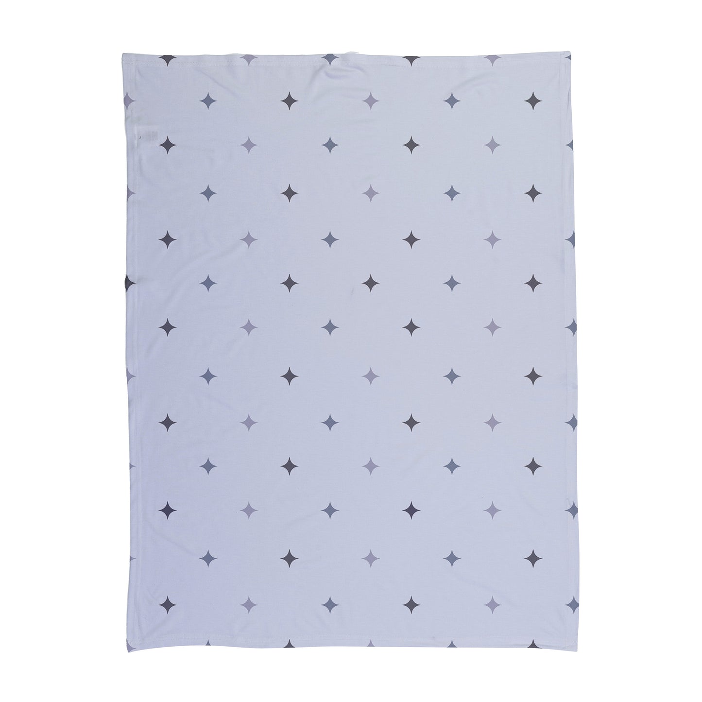Blue and grey star pattern printed on a baby swaddle.