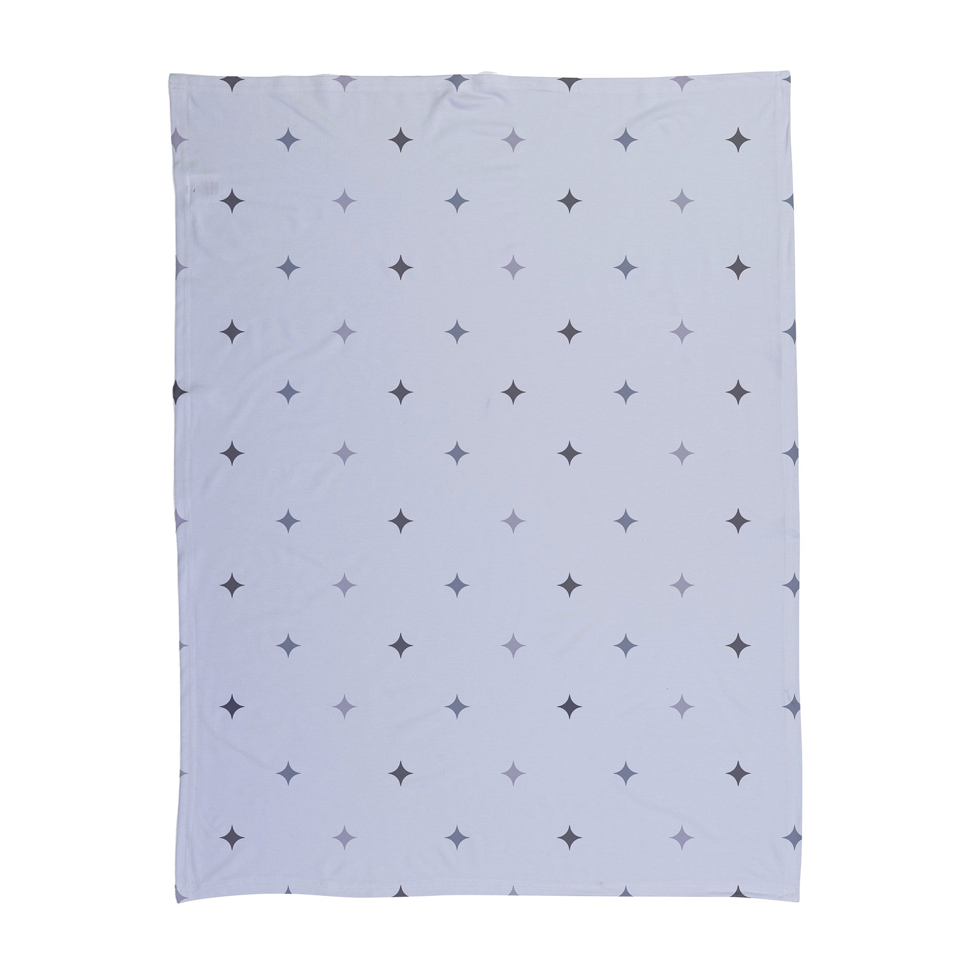 Blue and grey star pattern printed on a baby swaddle.