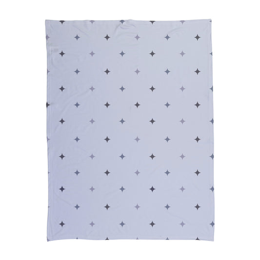 Blue and grey star pattern printed on a baby swaddle.
