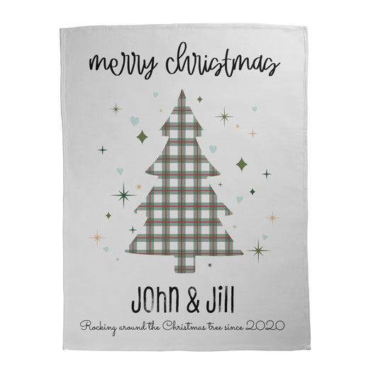 Plaid tree design with 'Merry Christmas' text at the top with custom text at the bottom of the tree printed on a soft fleece blanket.