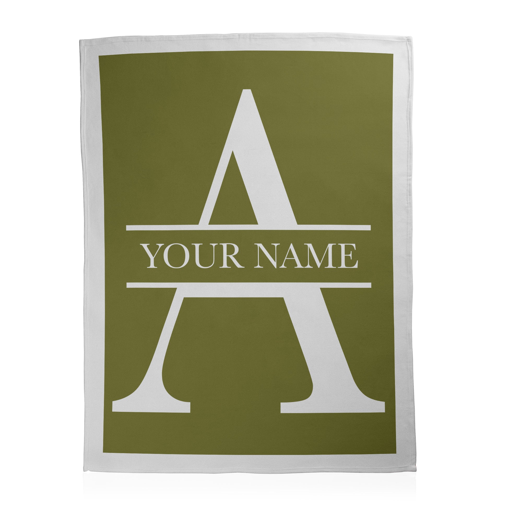 Green blanket with a white letter 'A' and space for 'Your Name' as example text