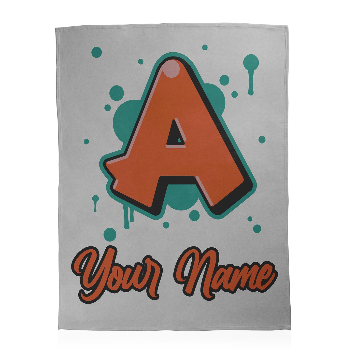Colorful graffiti style custom letter and text printed on a fleece blanket