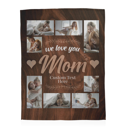 Custom 8 photo collage blanket for Mom's printed on a soft fleece blanket.