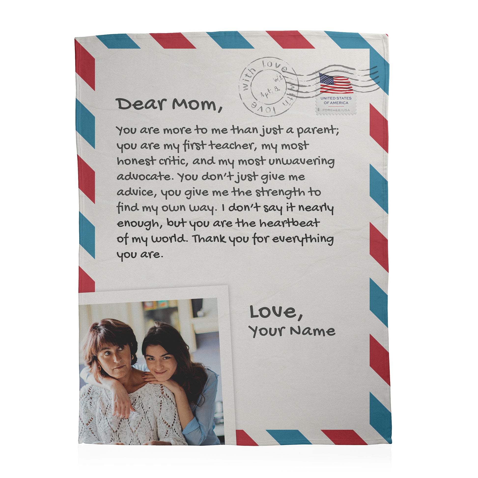 Personalized blanket with letter to mom text and photo printed on a soft fleece blanket.