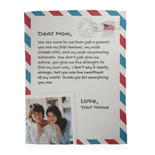 Personalized blanket with letter to mom text and photo printed on a soft fleece blanket.