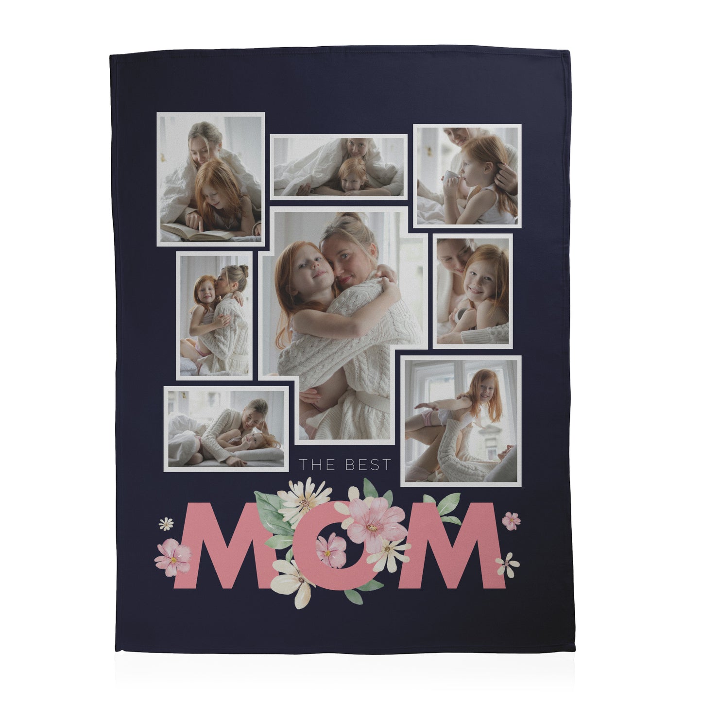 Personalized photo collage with 'The Best Mom' text and floral design printed on a fleece blanket.