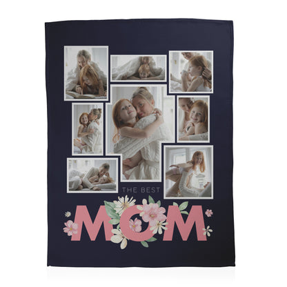 Personalized photo collage with 'The Best Mom' text and floral design printed on a fleece blanket.