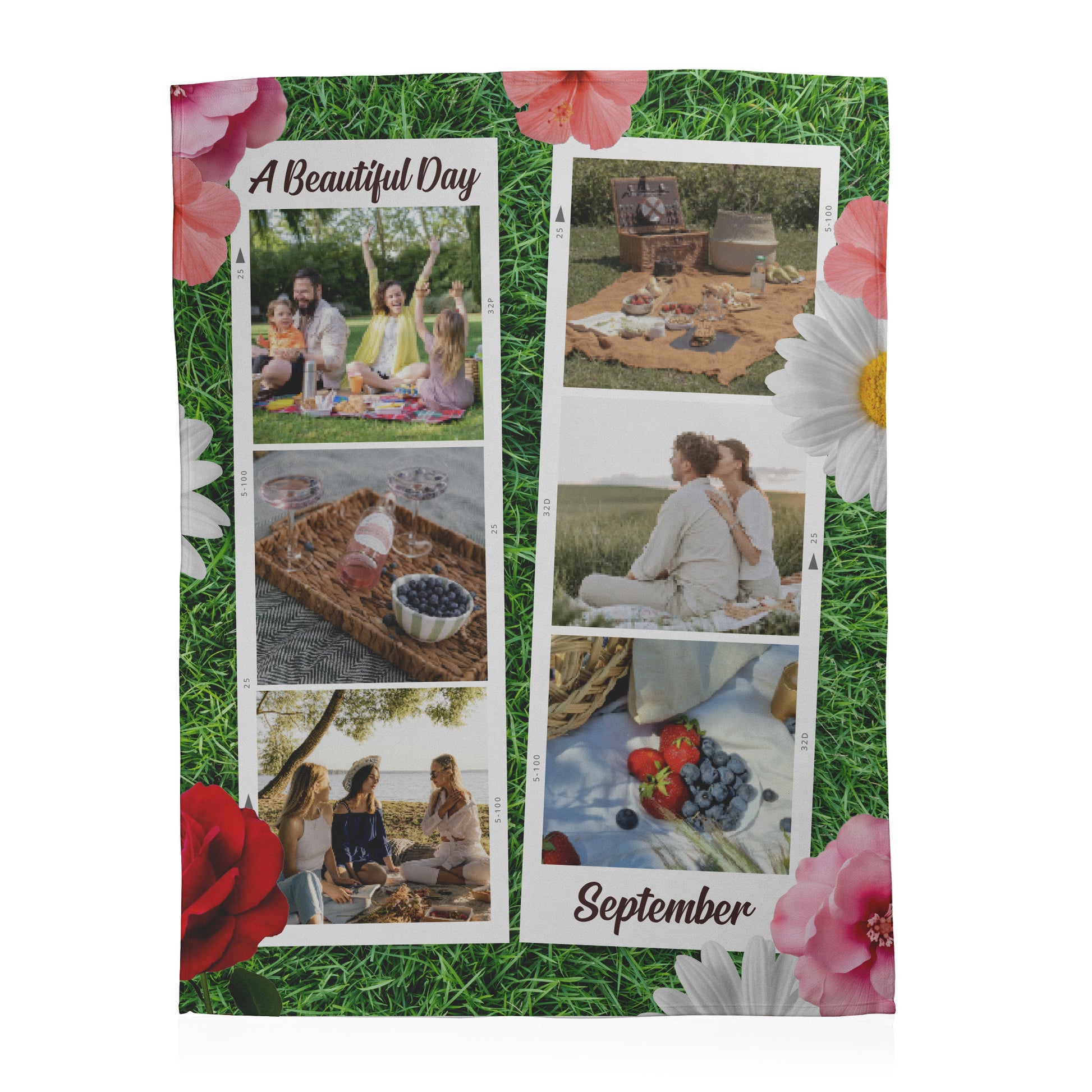 Personalized photo calendar with family picnic images on a grass background with flowers.