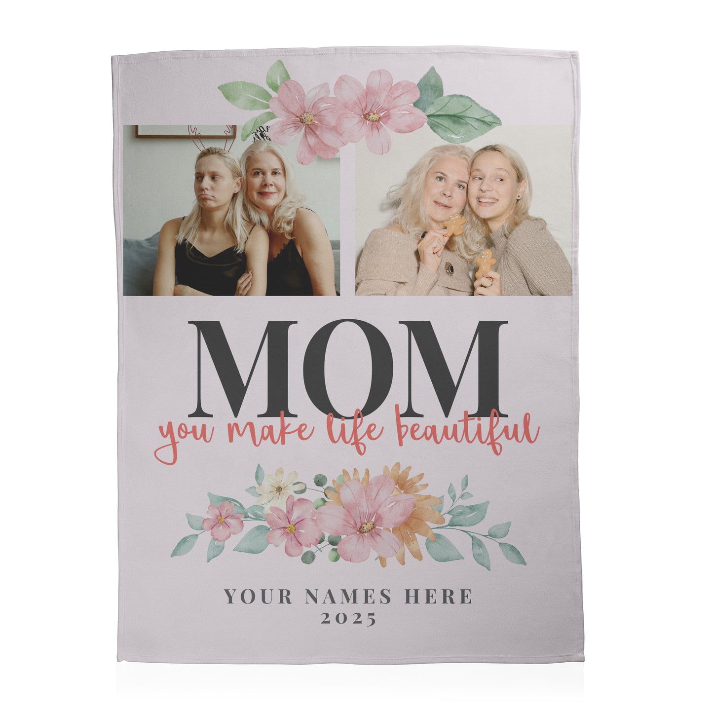 Personalized 2 photo Mother's Day theme printed on an ultra soft 50"x60" fleece blanket.