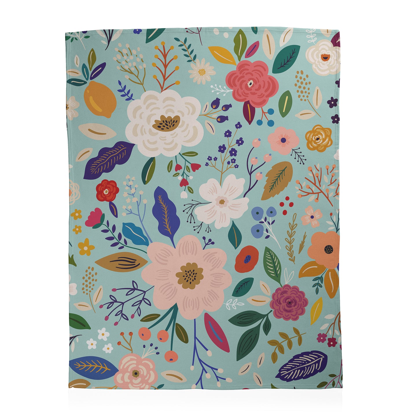 Floral patterned blanket with colorful flowers and leaves on a light blue background printed on smooth fleece blanket.