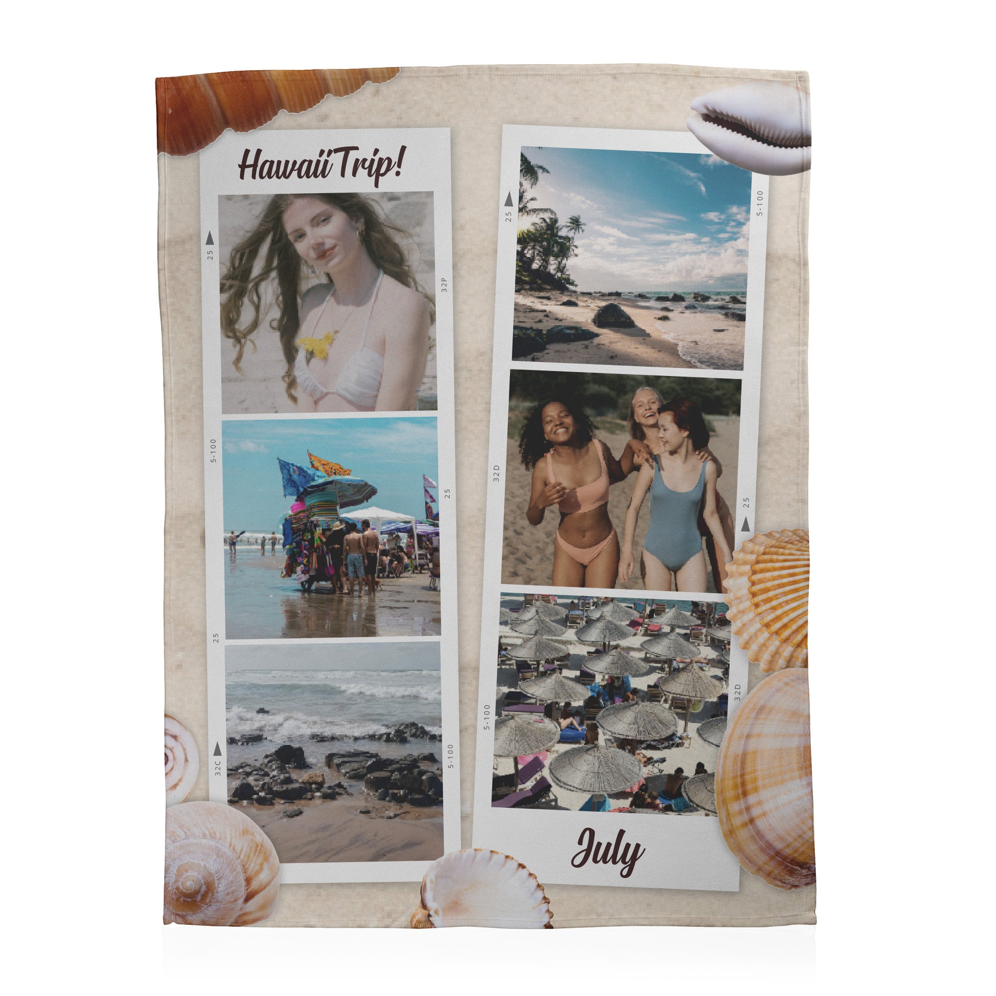 Memorabilia album with beach-themed photos and 'Hawaii Trip!' text, surrounded by seashells.