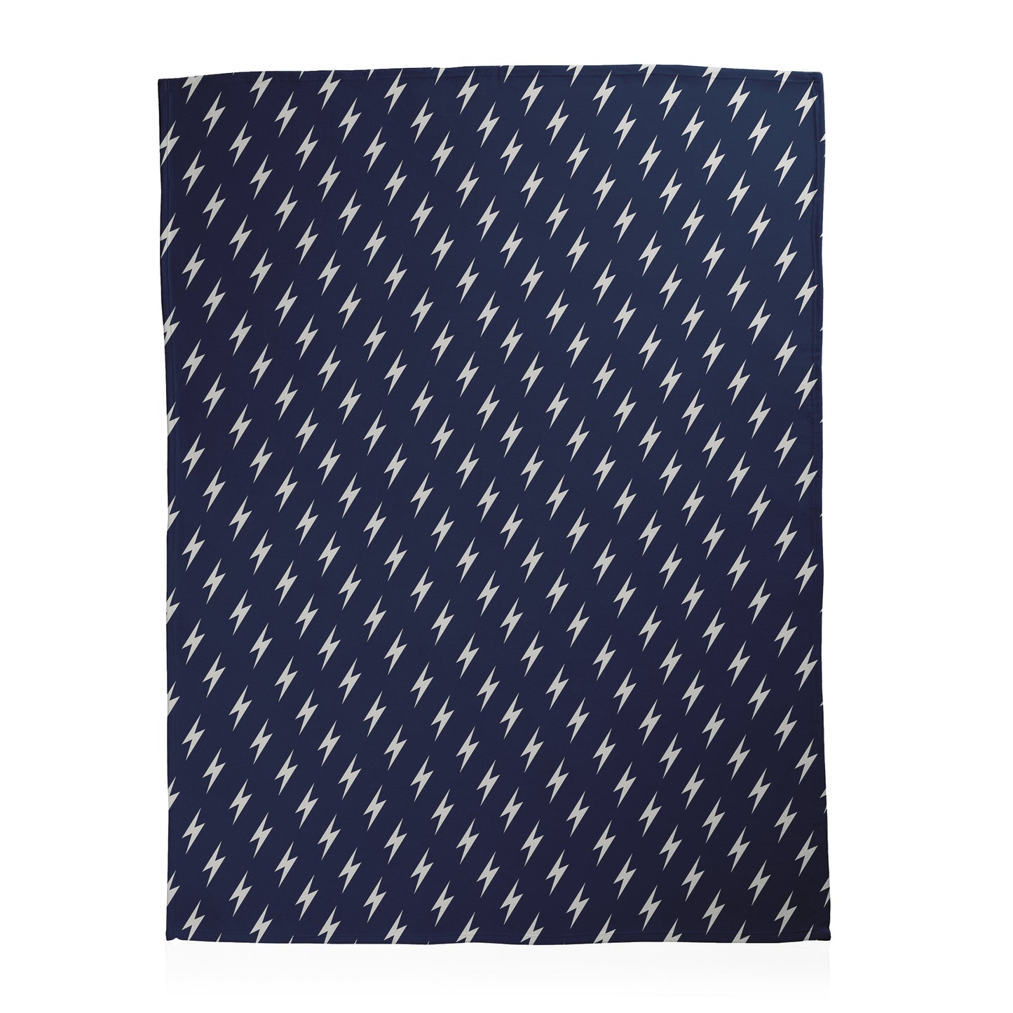 Navy blue background with white lightning bolt pattern printed on a fleece blanket.