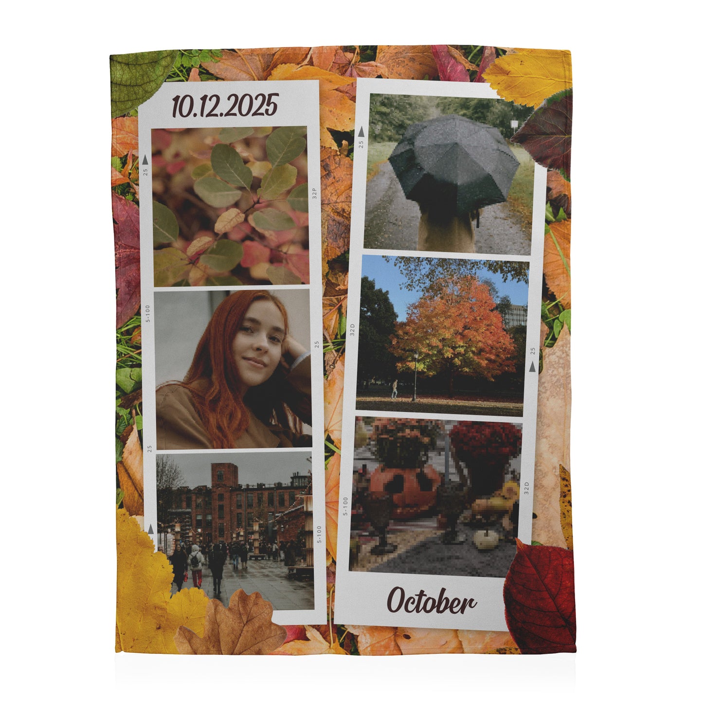 Personalized photo collage with dates and images on a decorative background with autumn leaves.