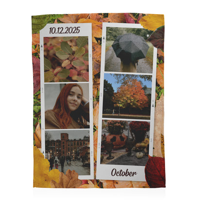 Personalized photo collage with dates and images on a decorative background with autumn leaves.